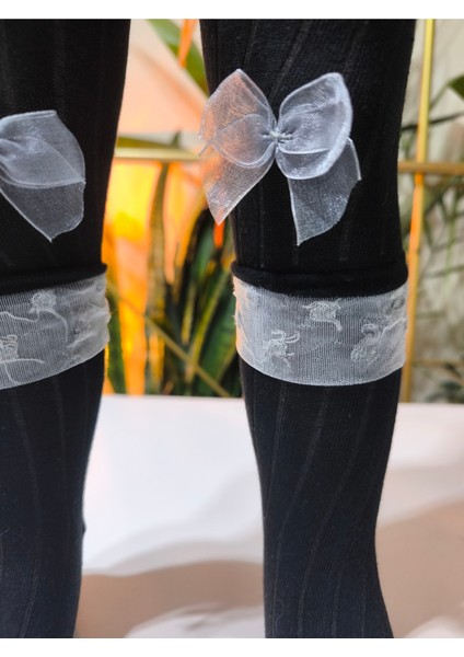 Kız Bebek Çocuk Külotlu Çorap Pamuklu Fiyonklu Tüllü Fitilli Kokulu Siyah