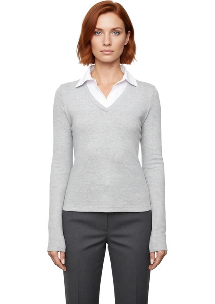 Stil Kadın Dokuma Detaylı Gömlek Yaka Normal Kalıp Bluz Uzun Örme Regular Kalıp