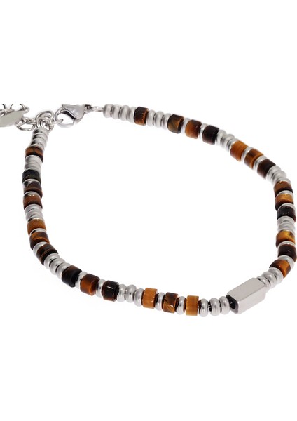 Erkek Kahverengi Renk Doğal Taş Çelik Detay Bileklik