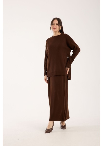 Triko Uzun Etek Bluz Takım Kahve Koyu Kahve