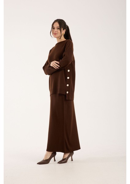 Triko Uzun Etek Bluz Takım Kahve Koyu Kahve modelleri