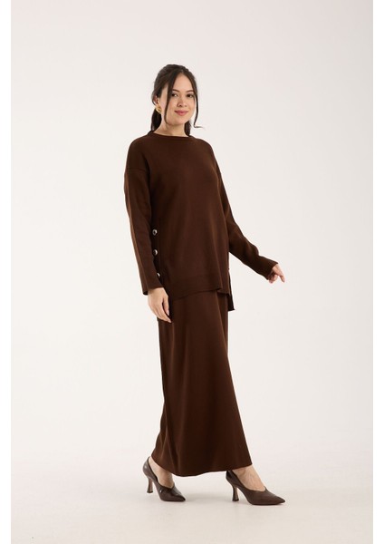 Triko Uzun Etek Bluz Takım Kahve Koyu Kahve