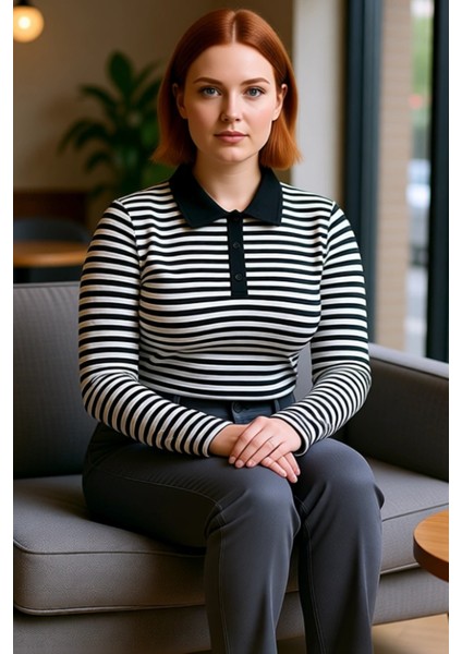 Kadın Moda Şık Büyük Beden Regular Gömlek Yaka Regular Kalıp Örme Çizgili Bluz