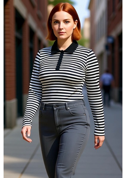 Kadın Moda Şık Büyük Beden Regular Gömlek Yaka Regular Kalıp Örme Çizgili Bluz fırsatları