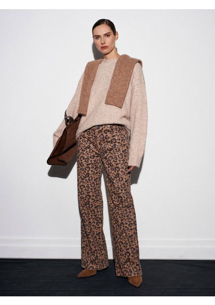 72077 %100 Pamuk Leopar Desenli Wideleg Jean-Camel