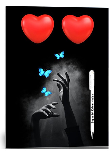 Siyah Sayfalı Defter A4-A5 Kalpli (60 Sayfa) Beyaz Kalem Hediyeli