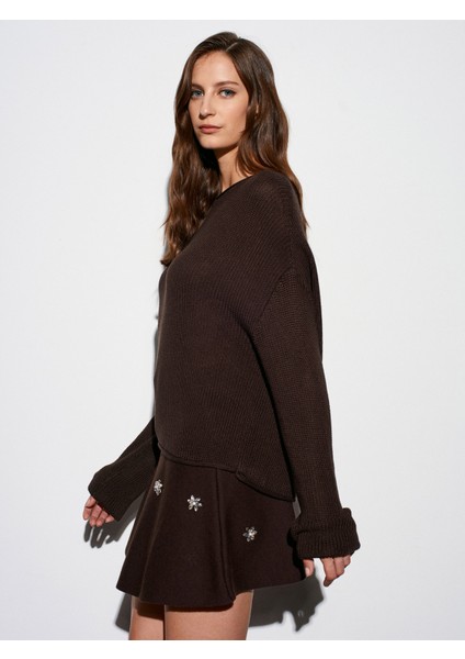 10804 Kayık Yaka Dökümlü Triko Kazak-Koyu Kahve