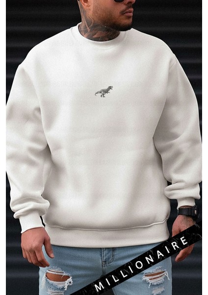 Erkek Ekru Kırık Beyaz Dinozor Kalın Soft 3 Iplik Şardonlu 0 Sıfır Yaka Oversize Salaş Sweatshirt