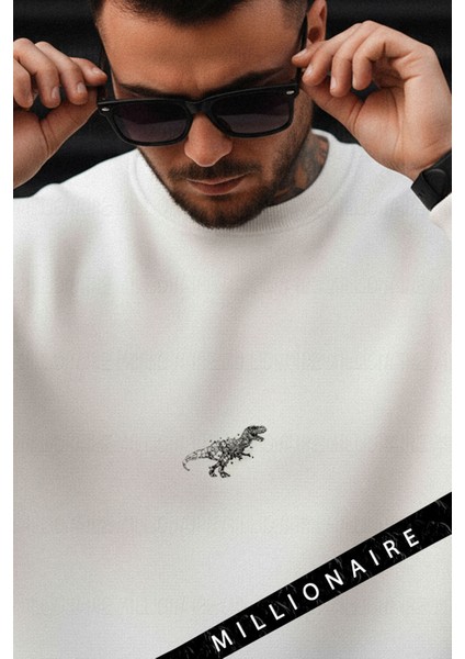 Erkek Ekru Kırık Beyaz Dinozor Kalın Soft 3 Iplik Şardonlu 0 Sıfır Yaka Oversize Salaş Sweatshirt fiyatları
