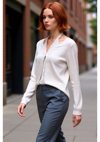 Kadın V Yaka Düşük Kol Uzun Kollu Tam Düğmeli Esnek Örme Kaliteli Şık Rahat Modern Zarif