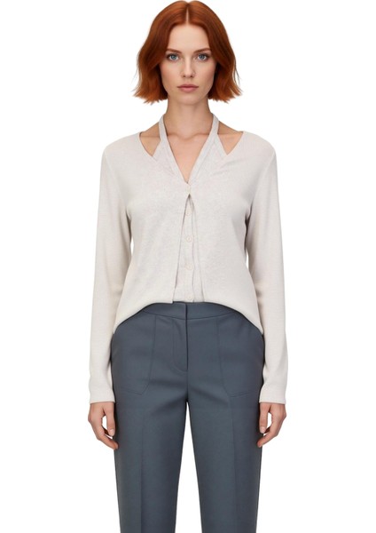 Kadın V Yaka Düşük Kol Uzun Kollu Tam Düğmeli Esnek Örme Kaliteli Şık Rahat Modern Zarif modelleri