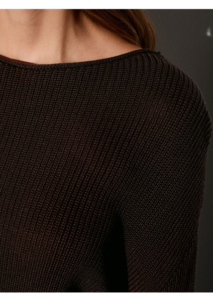 10804 Kayık Yaka Dökümlü Triko Kazak-Koyu Kahve fırsatları