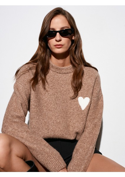 10837 Yün Karışımlı Kalpli Kazak-K.bej Mel.