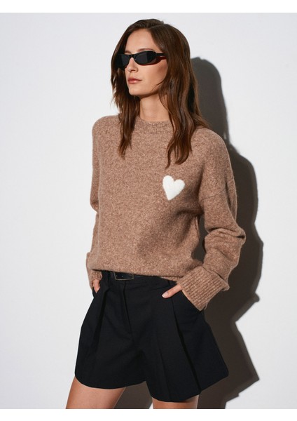 10837 Yün Karışımlı Kalpli Kazak-K.bej Mel. indirimleri