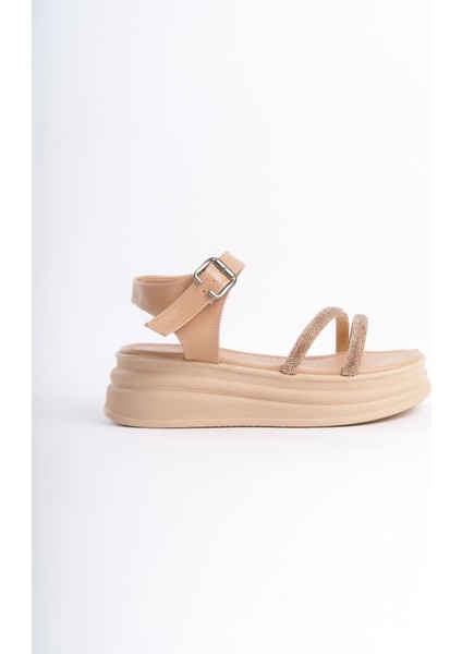 Zlohe Kalın Tokalı Taşlı Şeritli Ortopedik Taban Kadın Sandalet Ctt - Ten indirimleri