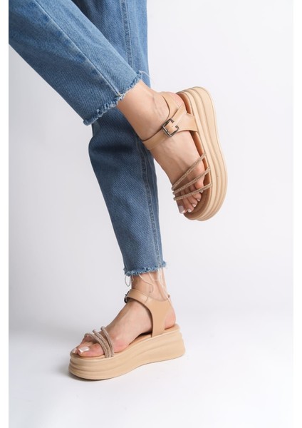 Eva Kalın Tokalı Taşlı Şeritli Ortopedik Taban Kadın Sandalet Ctt - Ten fiyatları