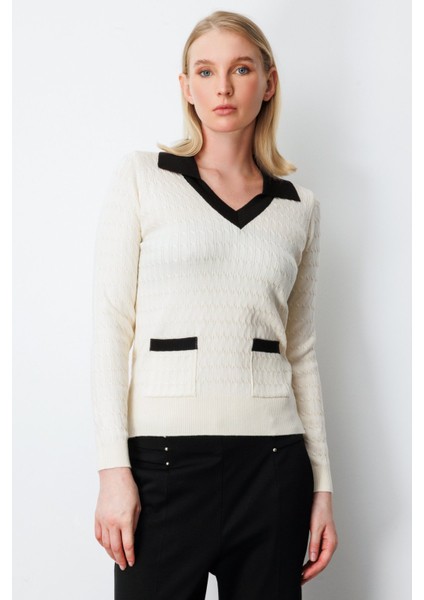 Kadın Cep Detaylı Uzun Kollu Kazak 65313 Krem