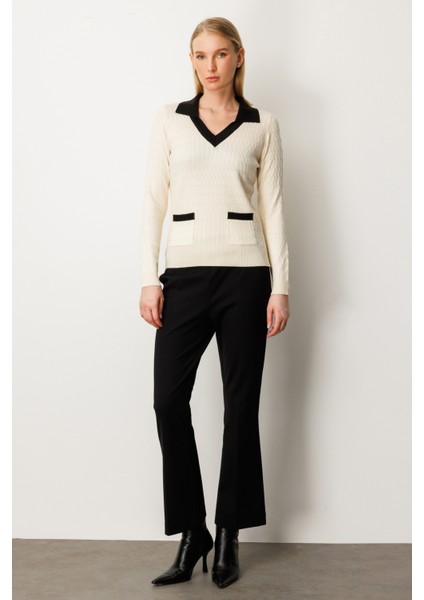 Kadın Cep Detaylı Uzun Kollu Kazak 65313 Krem modelleri