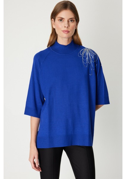 Kadın Omzu Zincir Işlemeli Triko Kazak 65381 Saks