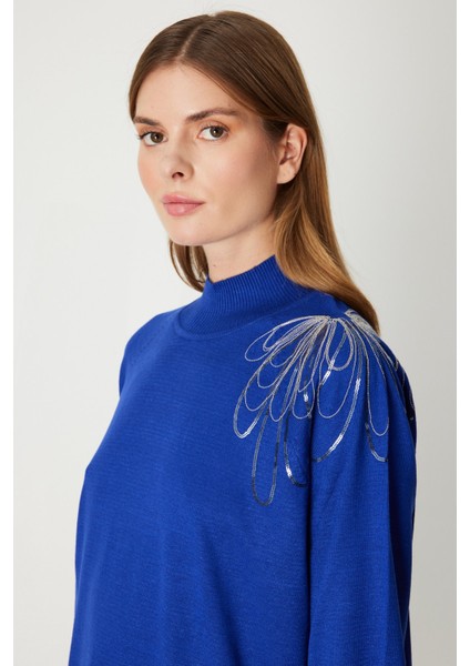 Kadın Omzu Zincir Işlemeli Triko Kazak 65381 Saks fiyatları