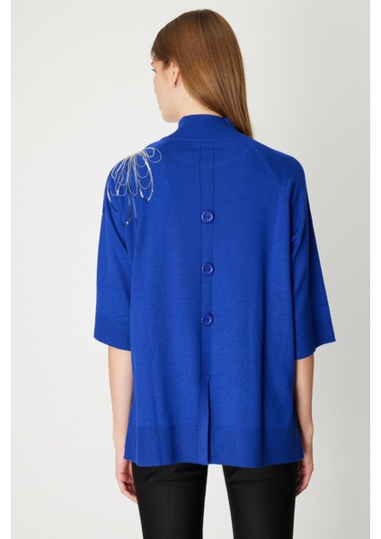 Kadın Omzu Zincir Işlemeli Triko Kazak 65381 Saks fırsatları