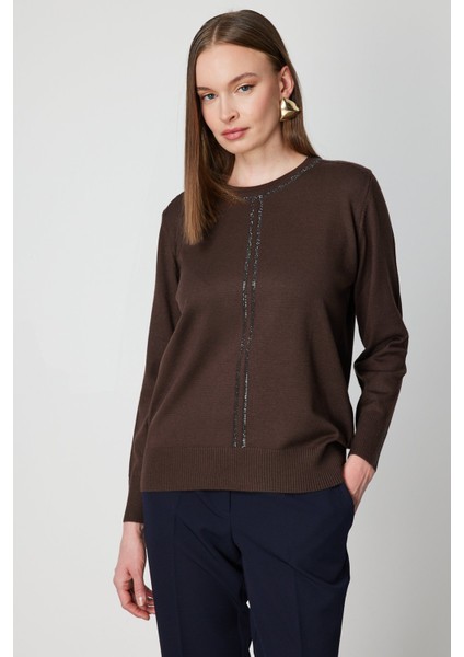 Kadın Taş Işlemeli Triko Kazak 65397 Kahverengi