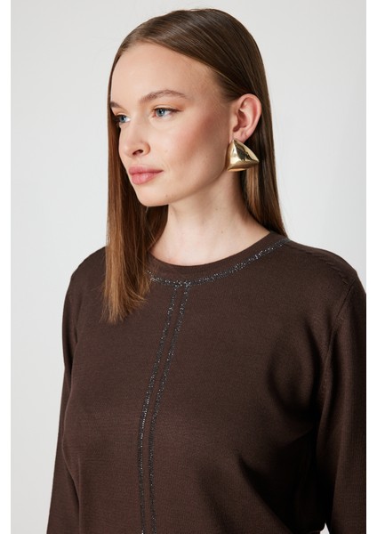 Kadın Taş Işlemeli Triko Kazak 65397 Kahverengi fiyatları