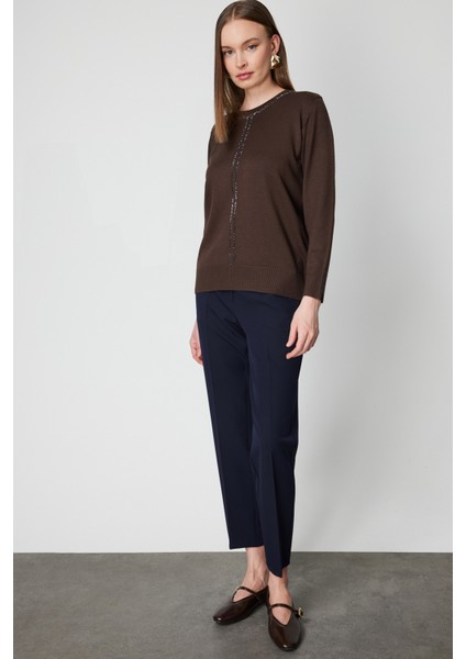 Kadın Taş Işlemeli Triko Kazak 65397 Kahverengi modelleri