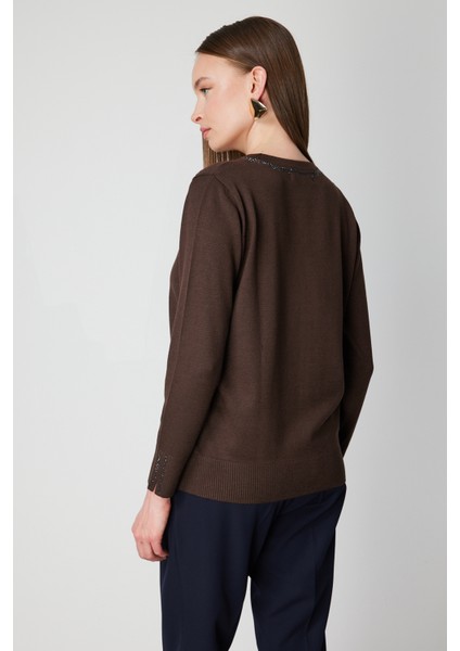 Kadın Taş Işlemeli Triko Kazak 65397 Kahverengi fırsatları