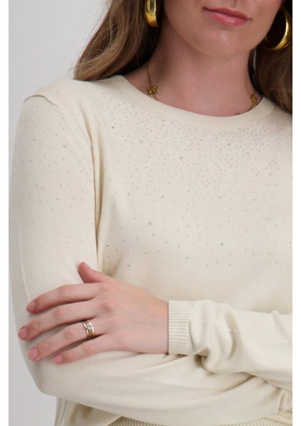 Kadın Onlanabella Taş Detaylı Bisiklet Yaka Kazak 15355228 Ekru modelleri