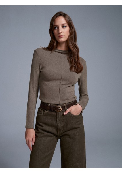 31391 Dik Yaka Uzun Kollu Top-Açık Haki