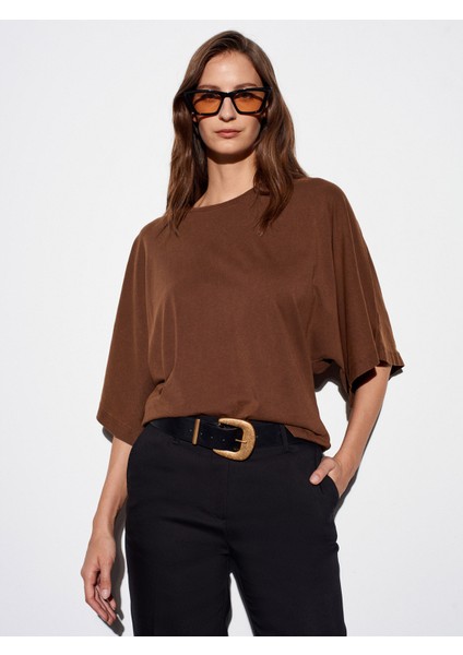 32207 Geniş Kollu T-Shirt-Kahve