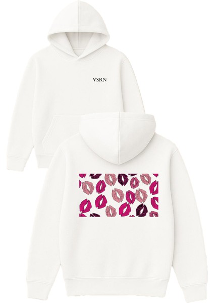 Ruj Izleri Tasarım Baskılı Oversize Beyaz Kapüşonlu Sweatshirt