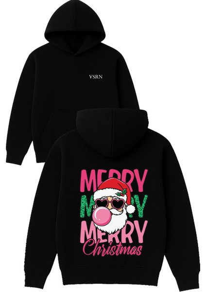 Mery Noel Baba Tasarım Baskılı Oversize Siyah Kapüşonlu Sweatshirt