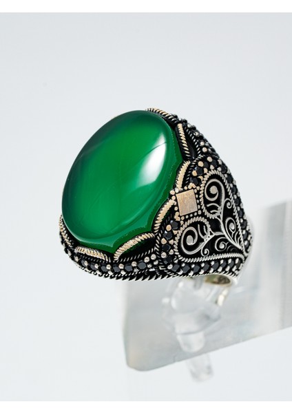 Zarif Yeşil Akik Taşlı 925 Ayar Gümüş Erkek Yüzük – Asalet ve Doğallık Bir Arada fiyatları