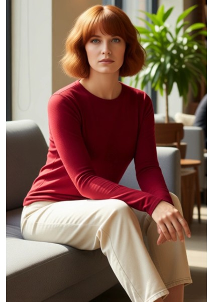 Viskon Bisiklet Yaka Esnek Örme Uzun Kollu Kadın Bluz Kaliteli Şık Rahat Modern Zarif Günlük fiyatları