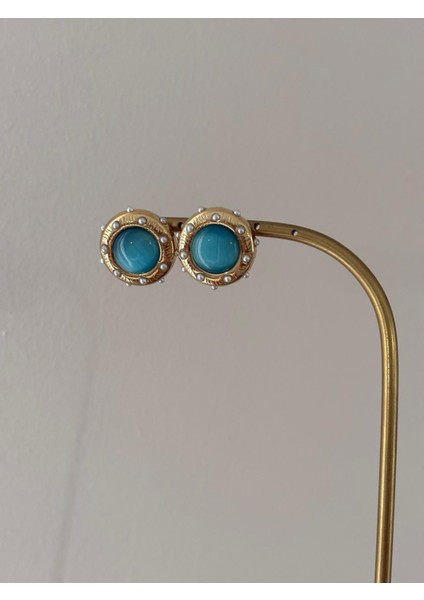 Turkuaz Inci Detay Yuvarlak Gold Çelik Küpe