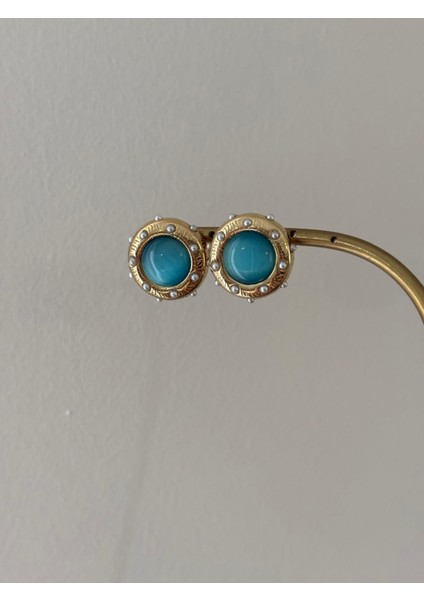 Turkuaz Inci Detay Yuvarlak Gold Çelik Küpe modelleri