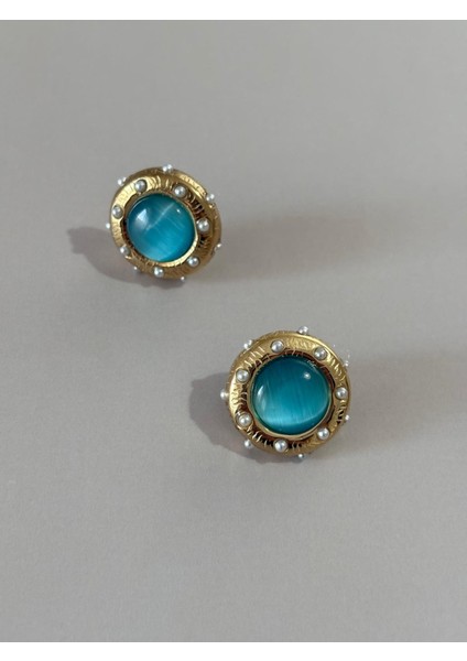 Turkuaz Inci Detay Yuvarlak Gold Çelik Küpe