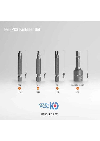 995 Parça 24 Çeşit Full Vida, Dübel, Somun ve Pul Seti