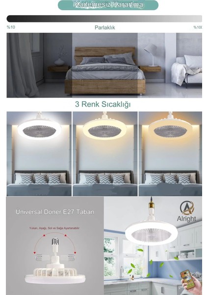 Yeni Nesil E27 Duylu Kumandalı Tavan Vantilatörlü LED Lamba 3 Hız Ayarı ve 3 Renk Ayarı