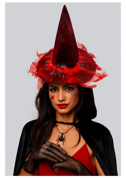 Hallowen Cadılar Bayramı Cadı Şapkası Örümcek Ağı Baskılı Tüylü Simli Kırmızı Parti Kostümü