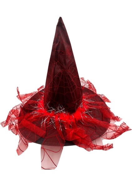 Hallowen Cadılar Bayramı Cadı Şapkası Örümcek Ağı Baskılı Tüylü Simli Kırmızı Parti Kostümü fiyatları
