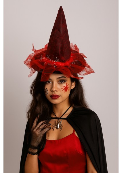 Hallowen Cadılar Bayramı Cadı Şapkası Örümcek Ağı Baskılı Tüylü Simli Kırmızı Parti Kostümü modelleri