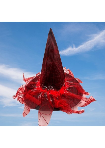 Hallowen Cadılar Bayramı Cadı Şapkası Örümcek Ağı Baskılı Tüylü Simli Kırmızı Parti Kostümü fırsatları