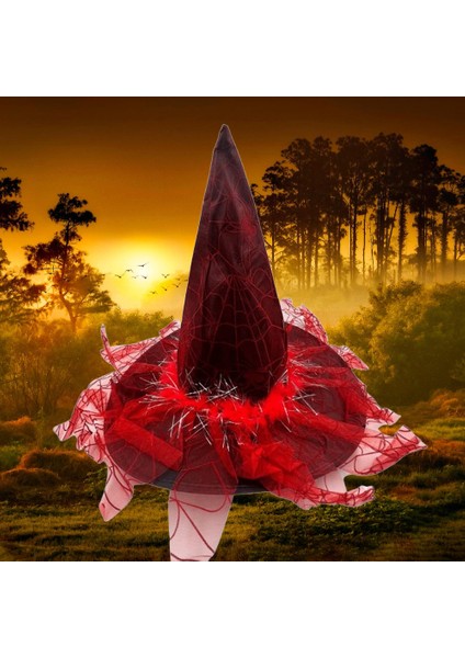 Hallowen Cadılar Bayramı Cadı Şapkası Örümcek Ağı Baskılı Tüylü Simli Kırmızı Parti Kostümü indirimleri