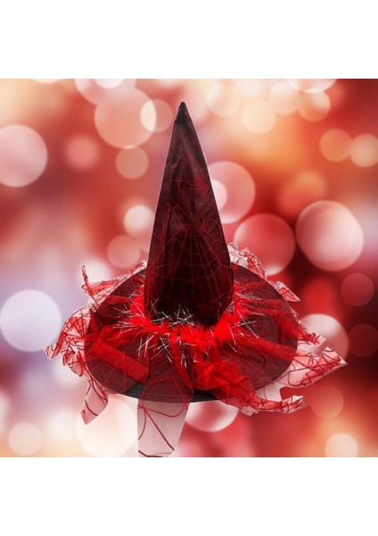 Hallowen Cadılar Bayramı Cadı Şapkası Örümcek Ağı Baskılı Tüylü Simli Kırmızı Parti Kostümü