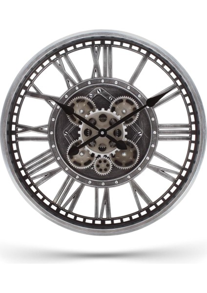Mark Premium Serisi Eskitme Şeffaf Kadranlı Döner Çarklı 50 Santimetre Ev ve Ofis Duvar Saati, Roma Rakamlı, Gri