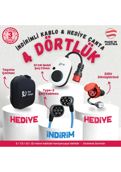 Go-E Gemini Flex 22 Kw Mobil Şarj Cihazı + Type-2 (5 Metre ) Kablo + 220 V Dönüştürücü + Taşıma Çantası (4’ü 1 Arada Set)
