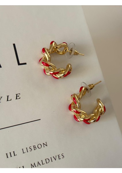 Kırmızı Gold Zincir Model Vip Çelip Küpe